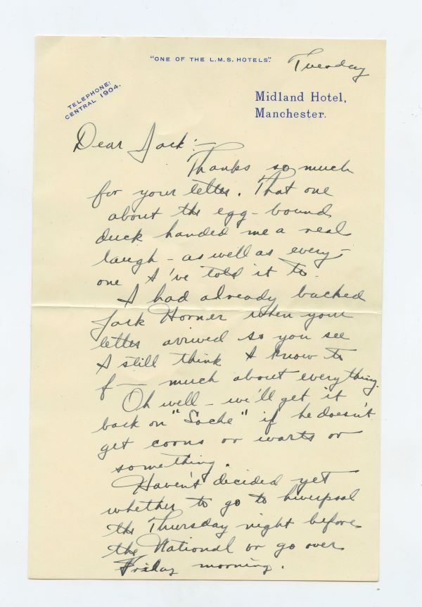 Letter from Fred Astaire about the famous racehorse Jack Horner - page 1